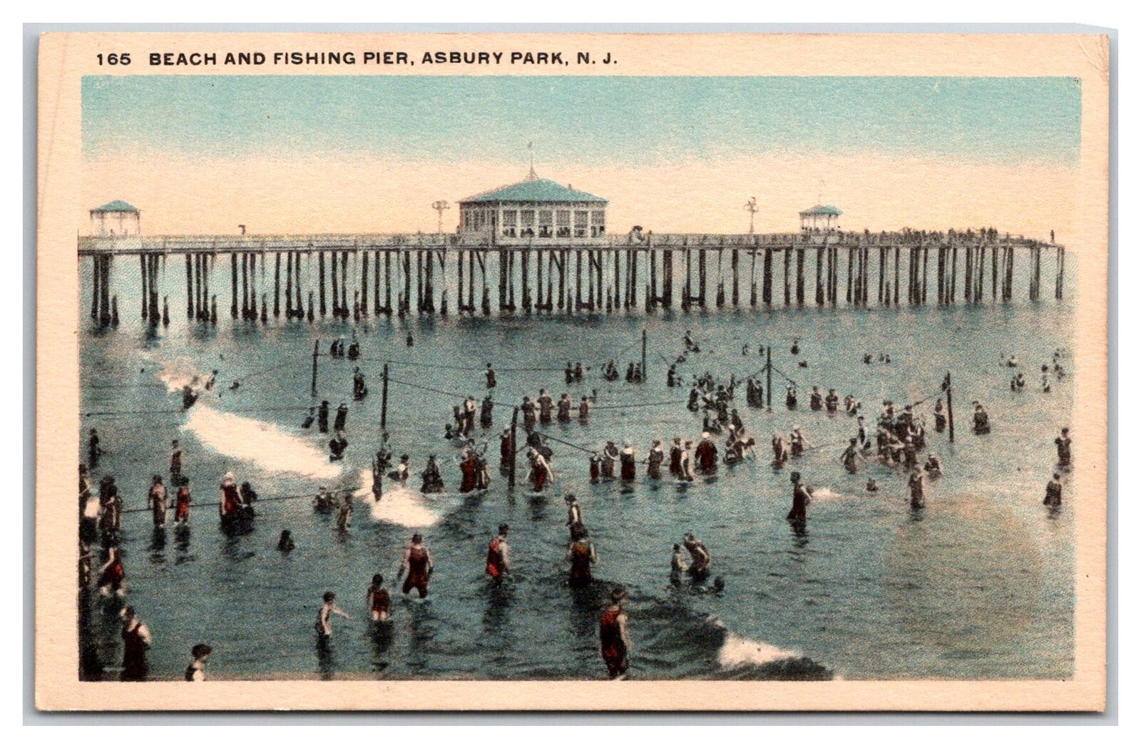 VINTAGE 1920'S BEACH AND FISHING PIER IN ASBURY PARK NEW JERSEY NJ POSTCARD
