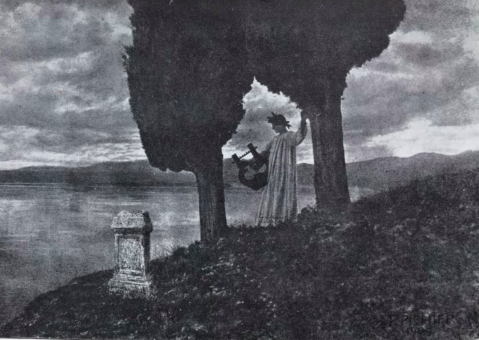 Paul Pichier pictorialist print Shepherd and Cypresses 1910