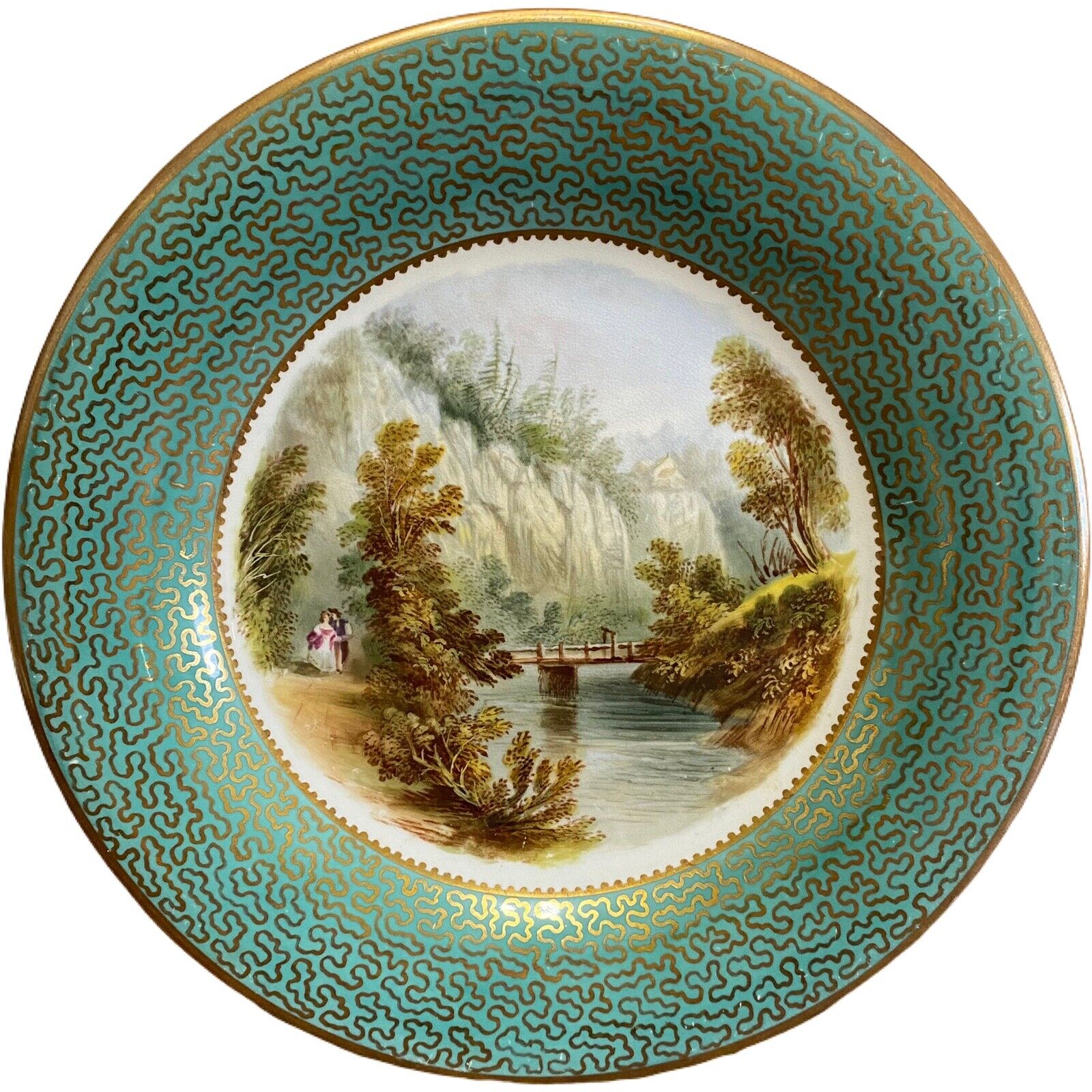 Antique Early 19thc Hand Painted Gold Gilt Scottish Landscape Plate Hawthornden
