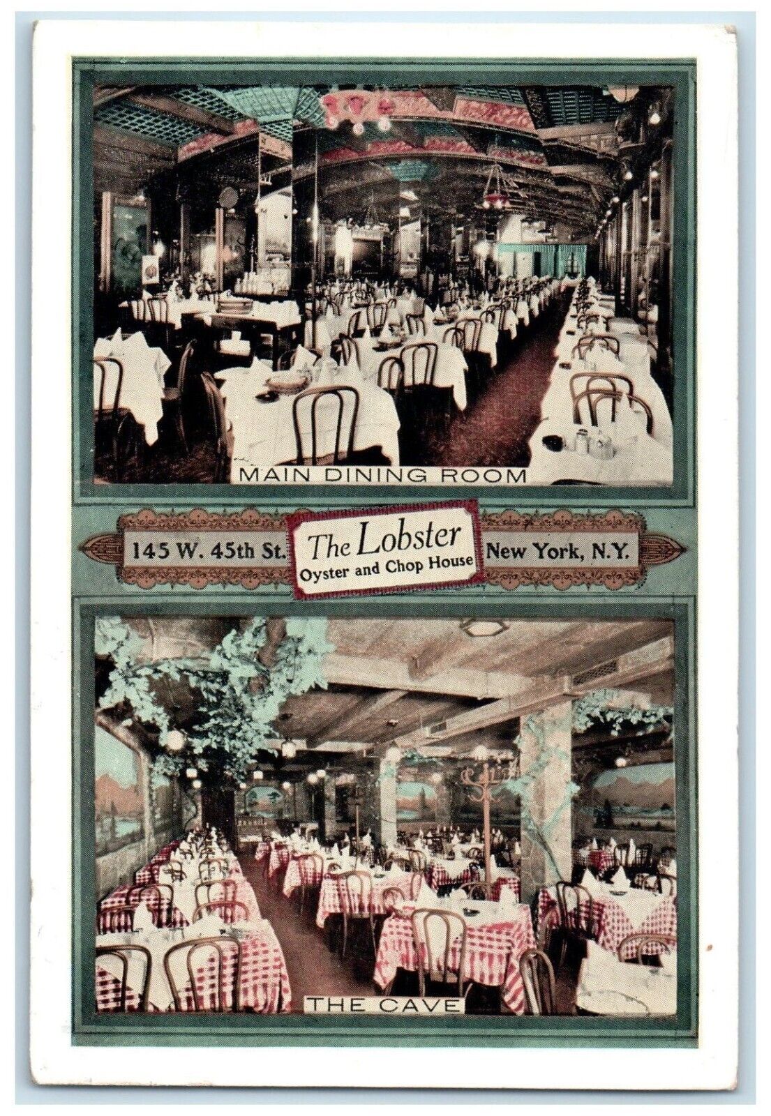 The Lobster Main Dining Room And The Cave New York NY Dual View Vintage Postcard