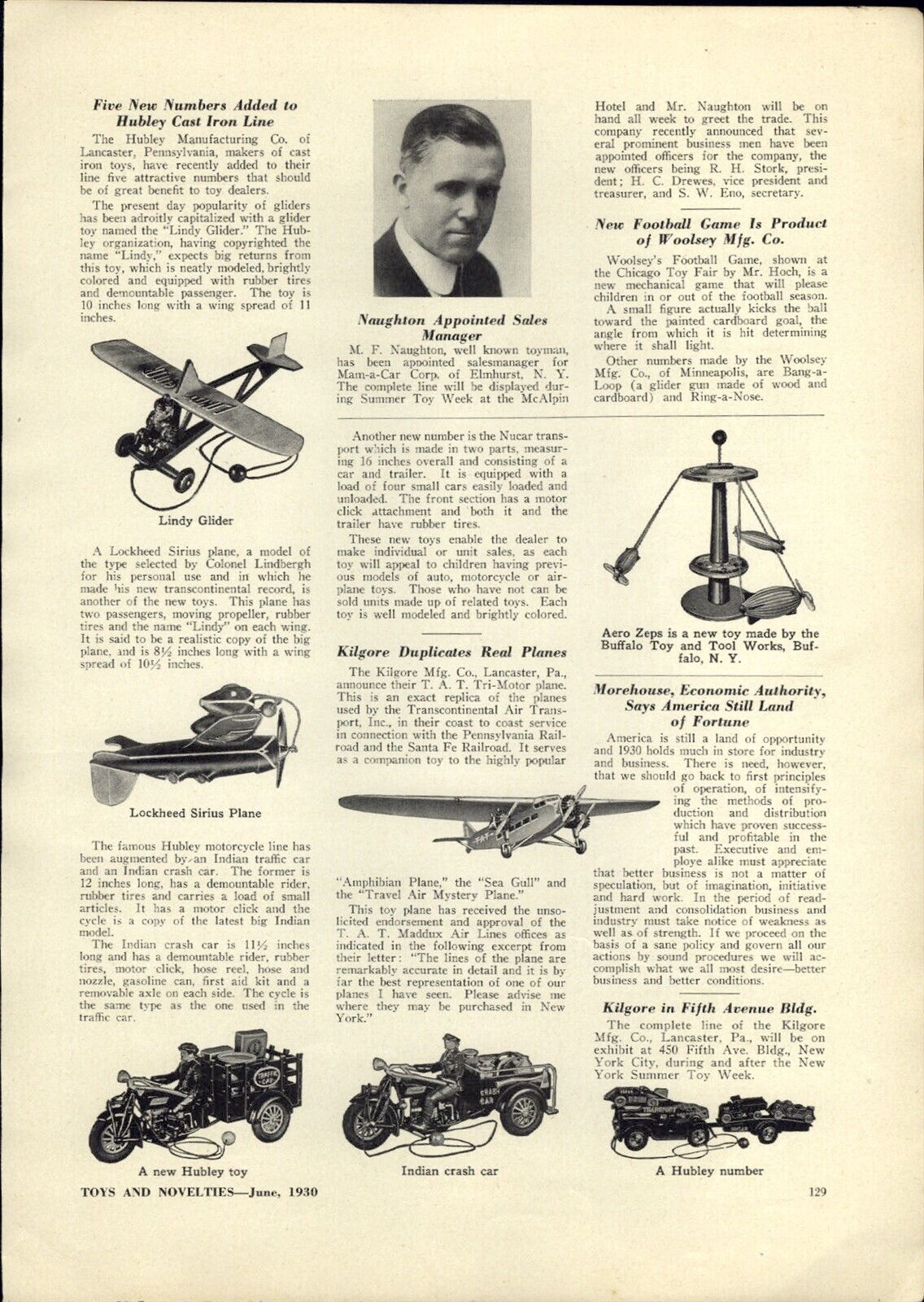 1930 PAPER AD Article Toy Hubley Lindy Glider Police Indian Motorcycle Lockheed