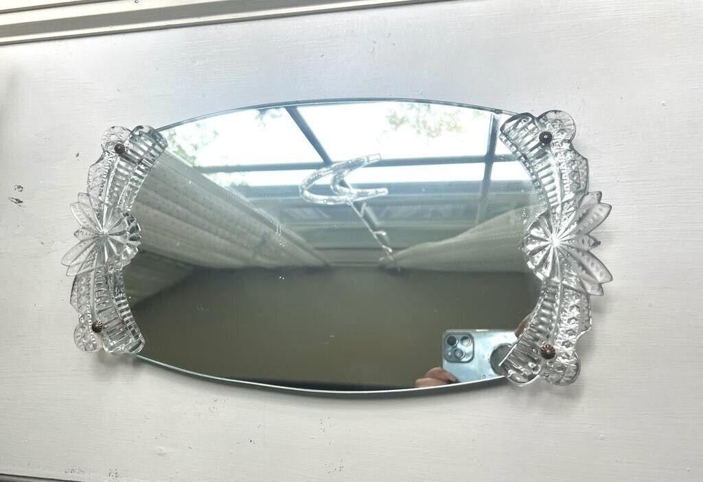Beautiful Vintage Vanity Mirror Dresser Tray Pressed Glass Handles