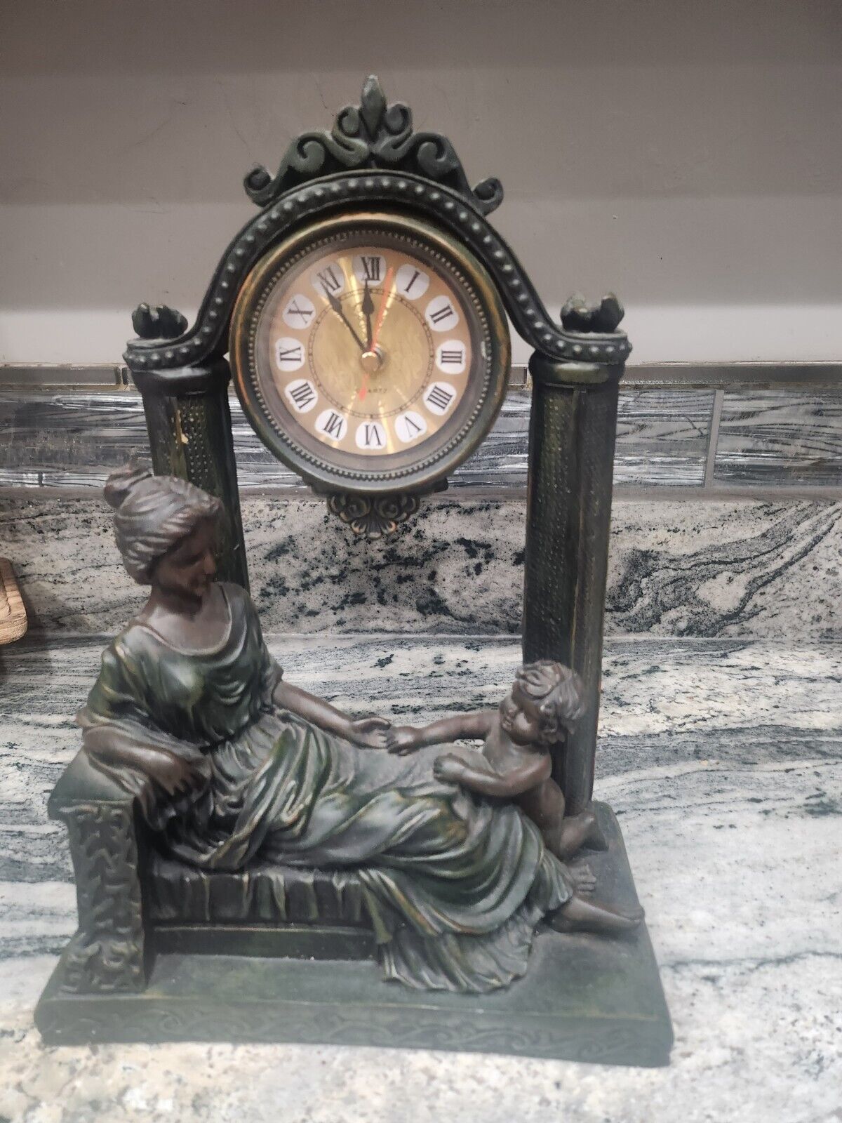  Beautiful Patina Vintage Julianna Clock Holding Child Hand \
