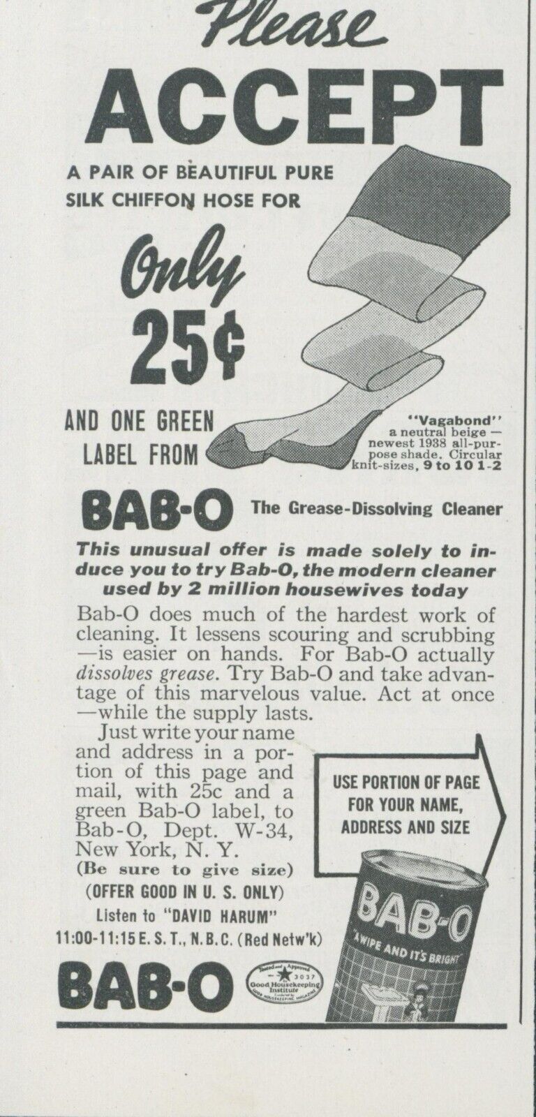 1938 Bab-O Grease Dissolving Cleaner Silk Chiffon Hose Offer Vtg Print Ad LHJ2