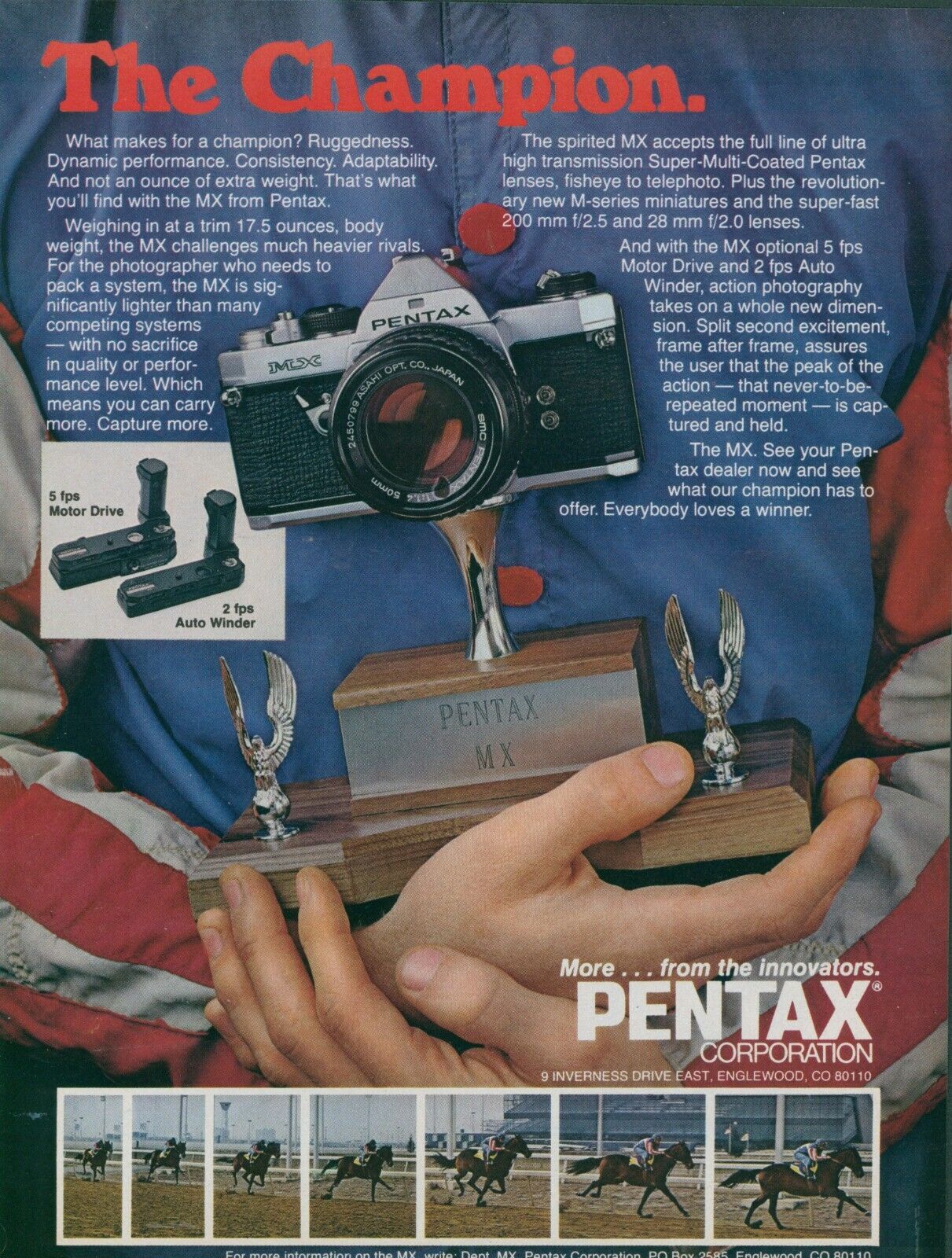 1978 Pentax MX Camera Trophy Champion Race Horse Action Shots Vtg Print Ad SI2