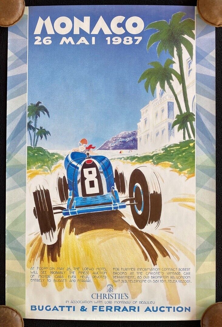 1987 Christie's Monaco Bugatti Ferrari Auction Poster VG Beaulieu