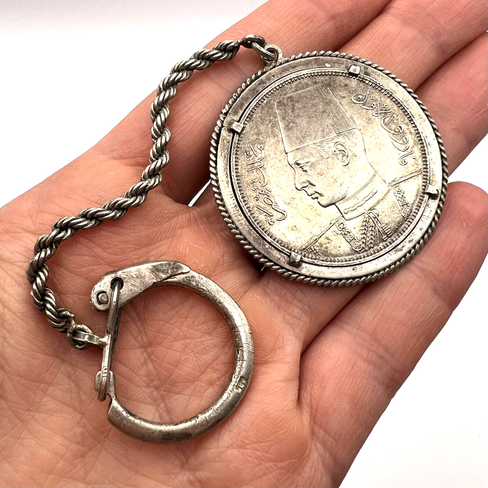 1937 Antique Keychain Silver 835 Coin 10 Piastres Egypt King Farouk I 