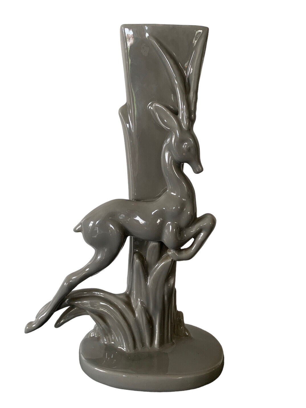 Vintage MCM Royal Haeger R706 Gazelle Antelope Drip Glaze Vase Gray 1940s
