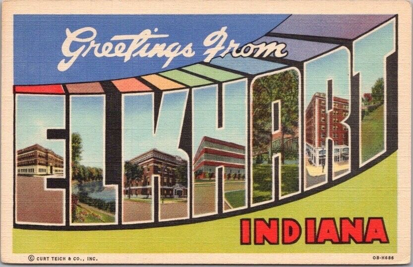 ELKHART Indiana Large Letter Postcard Multi-View / Curteich Linen c1940 Unused