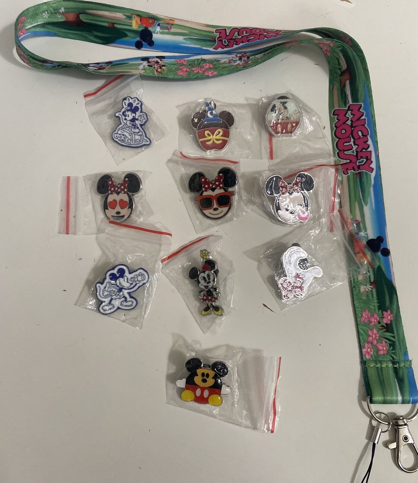 Disney MINNIE MOUSE & MICKEY MOUSE Only Pins lot of 10 W/ MICKEY MINNIE LANYARD