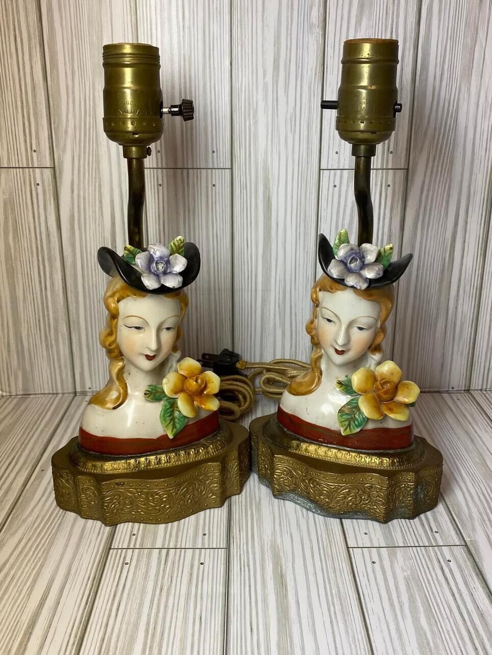 Vintage Beautiful Lady Bust Vanity Boudoir Lamp Lights Set Of 2 Occupied Floral