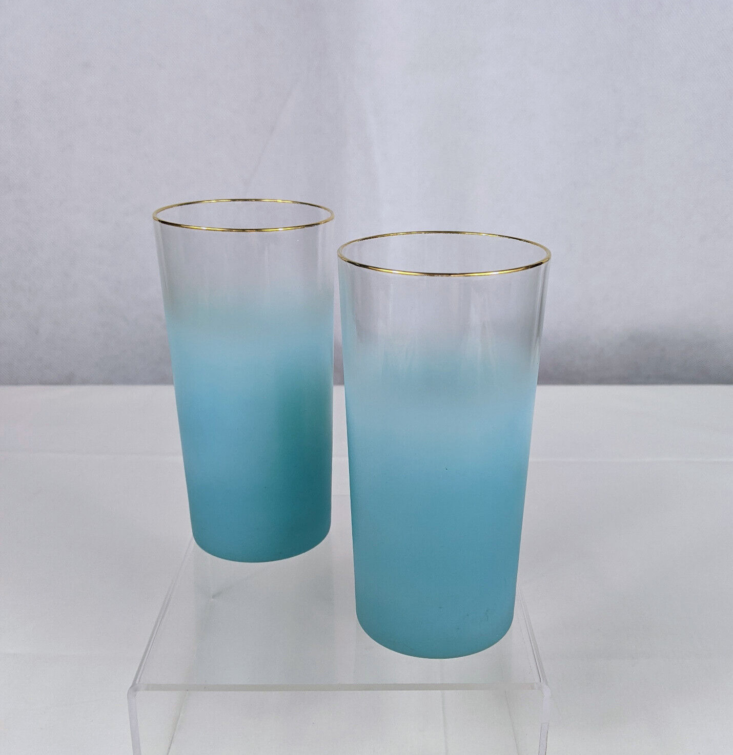 VTG 2 Blendo Blue Frosted Tumblers Drinking Glasses MCM West Virginia Glass