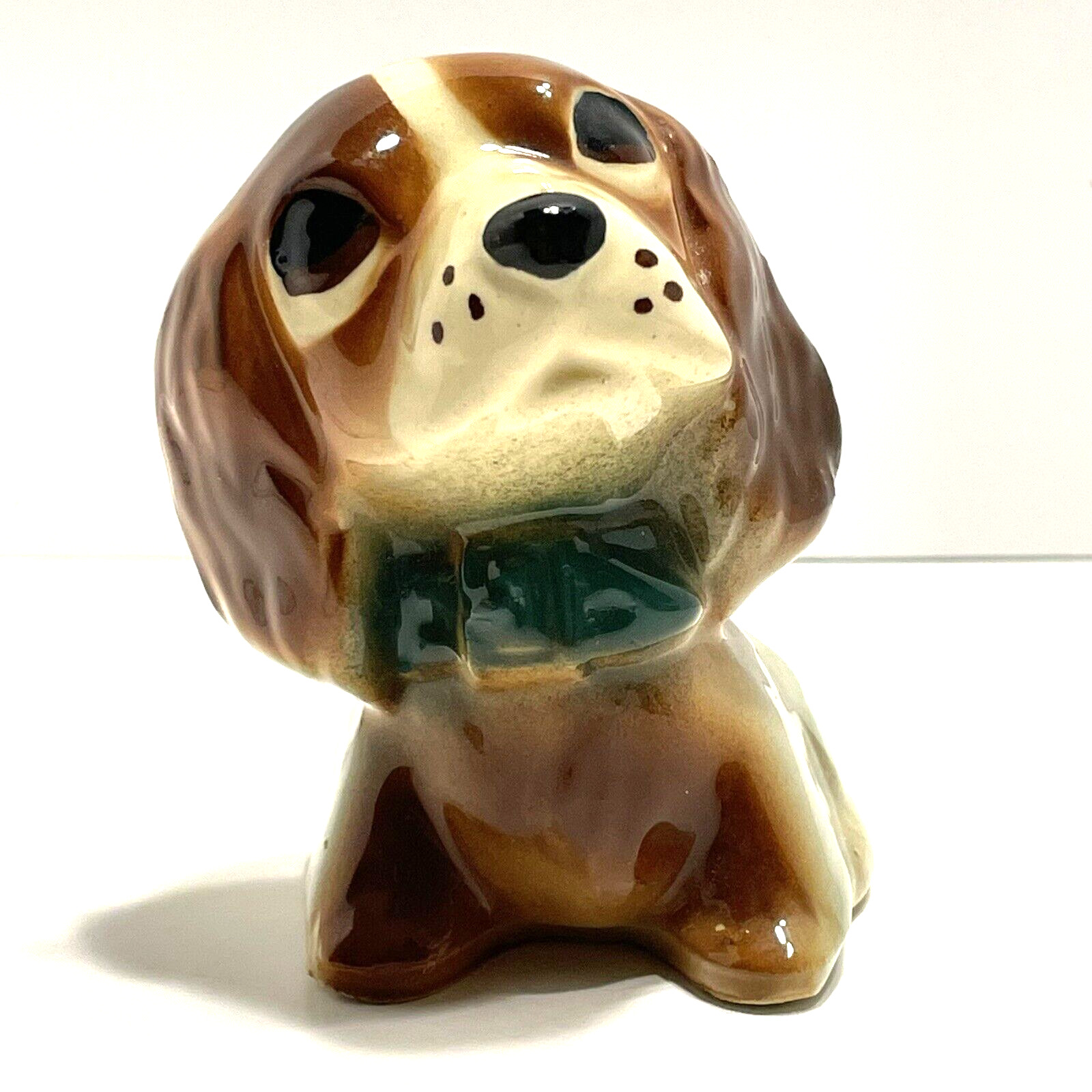 Vintage Small Ceramic Dog Planter Brown Floppy Ears Green Collar Hand Painted