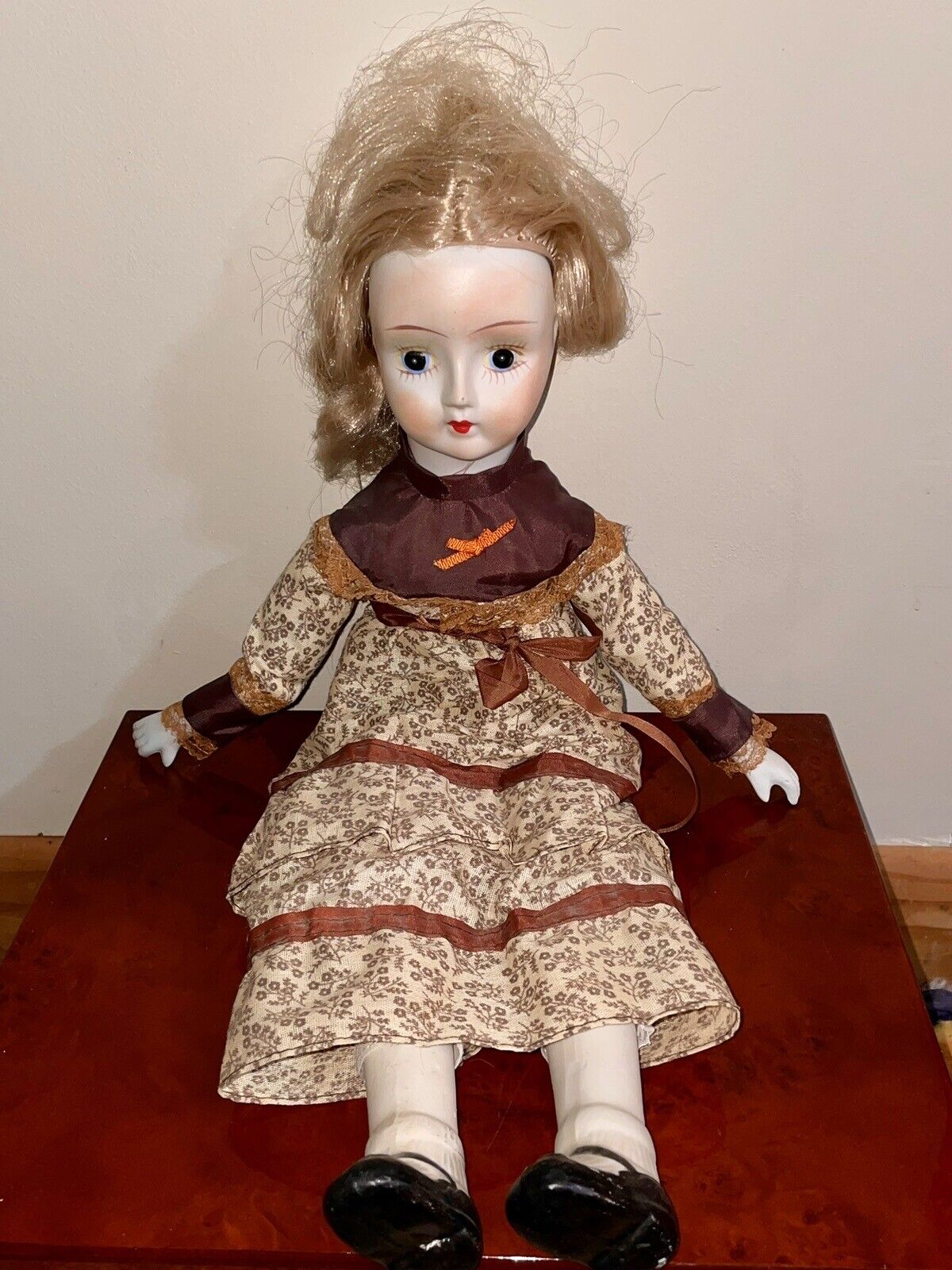 Vintage Large Painted Porcelain Victorian Flower Dress Girl Doll Figurine