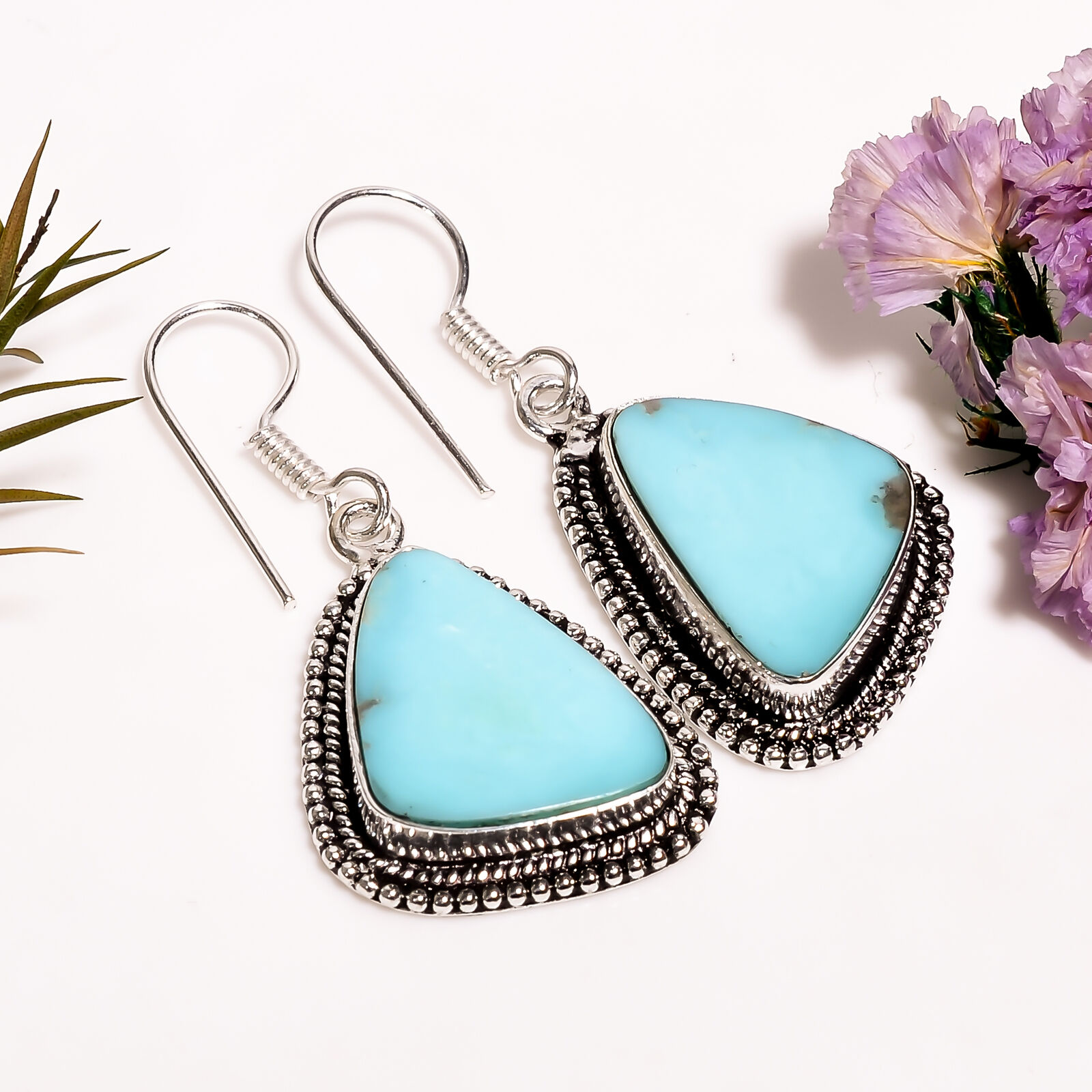 Turquoise Stone Vintage Handmade Jewelry.925 Silver Plated Earrings 1.6\