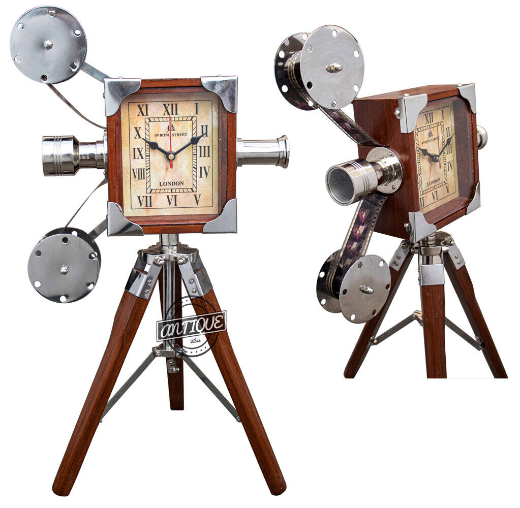 Vintage Desktop Clock Collectible Projector Camera Wood Tripod Home Office Decor