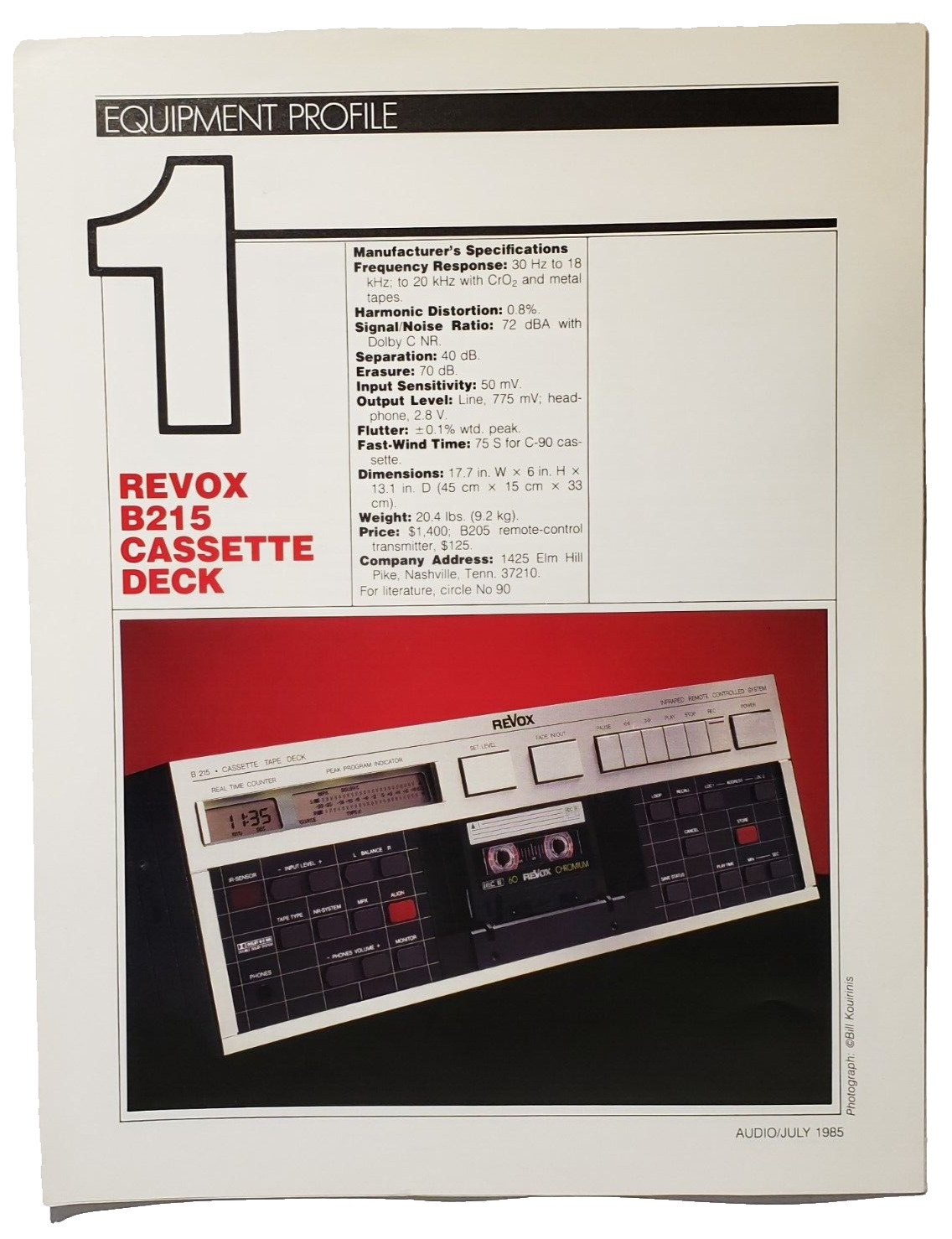 Studer ReVox Catalog B215 Cassette Deck Specification Sheets Excellent Condition