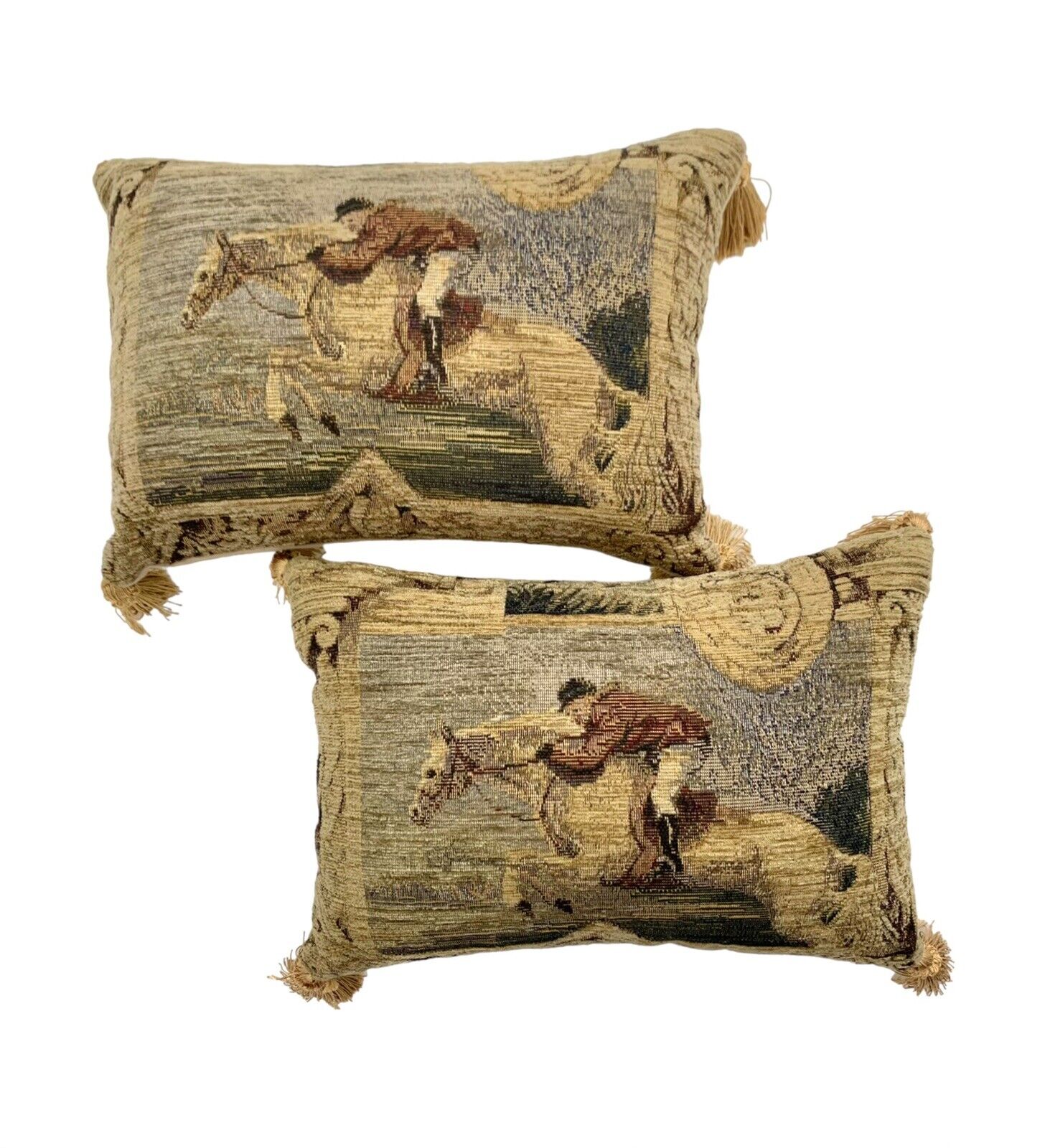 Fox Hunt Tapestry Design Decorative Pillow Pair Vintage Equestrian Decor