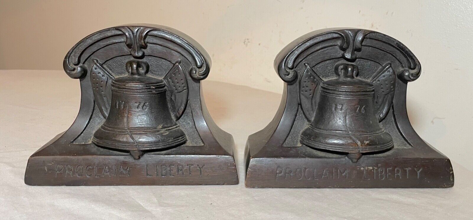 pair antique hand carved wood liberty bell American patriotic shelf bookend