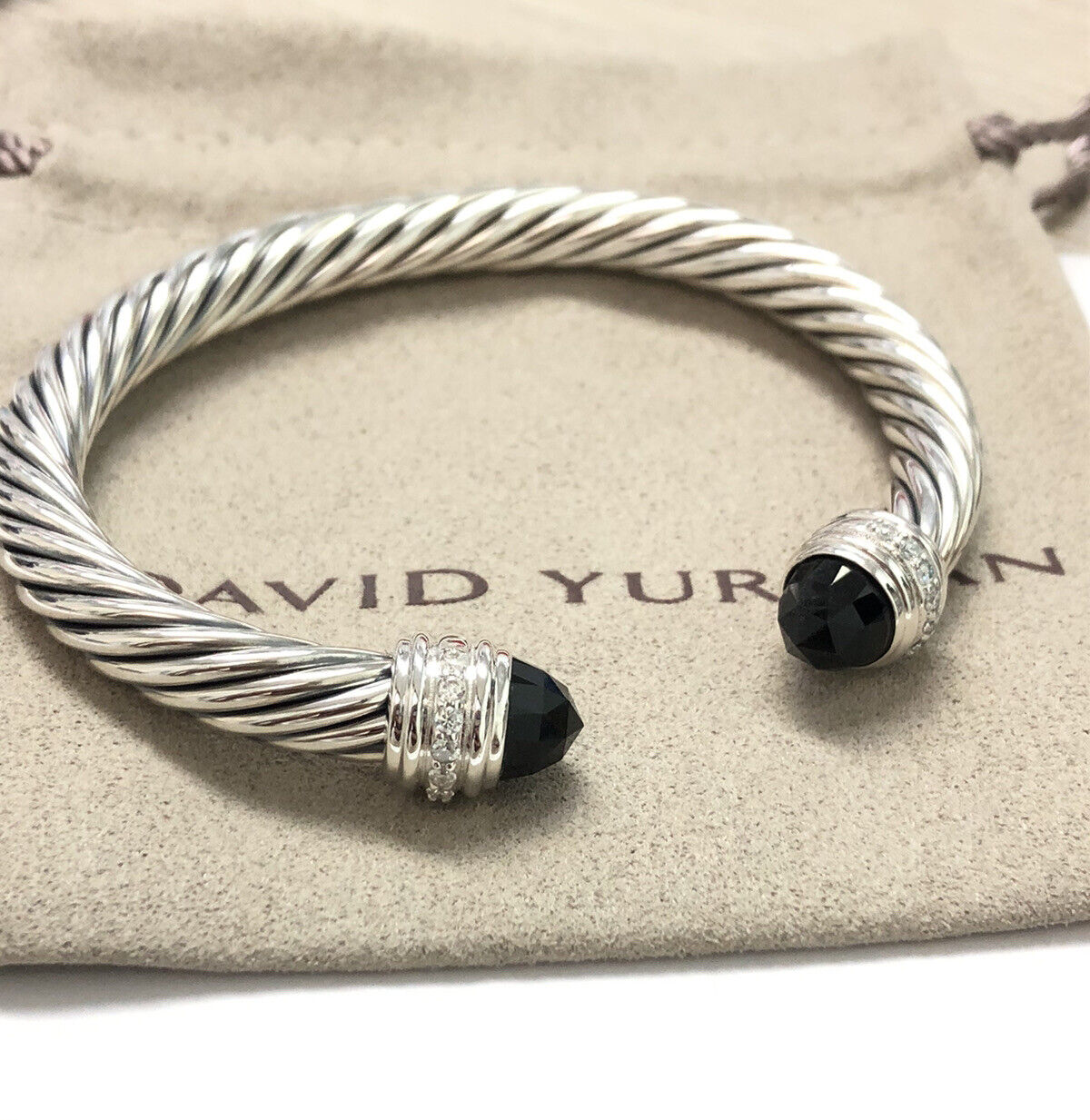 David Yurman Silver 7mm Cable Classic Black Onyx & Diamonds Bracelet size M