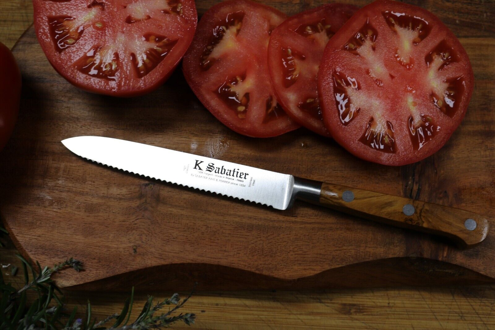 SABATIER 5 inch Tomato Knife .Olive Wood Handle.  Made in Thiers France