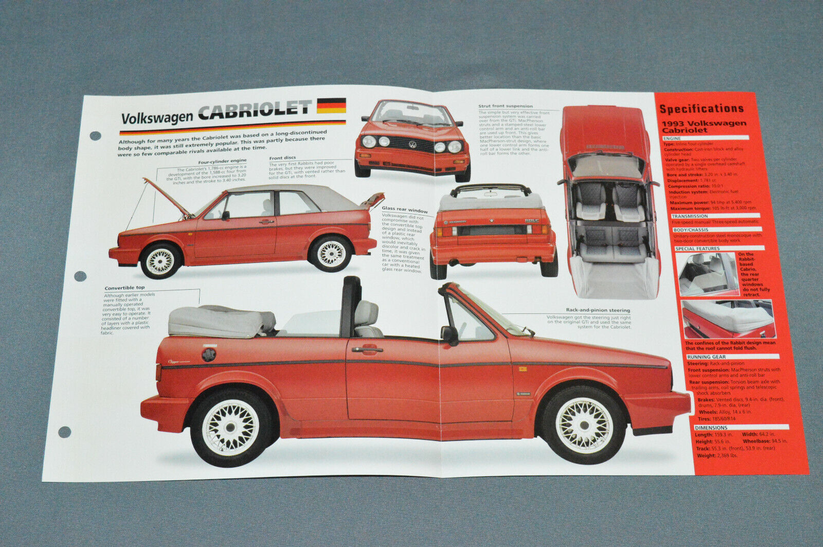 1979-1993 VOLKSWAGEN CABRIOLET CABRIO Car SPEC SHEET BROCHURE PHOTO BOOKLET