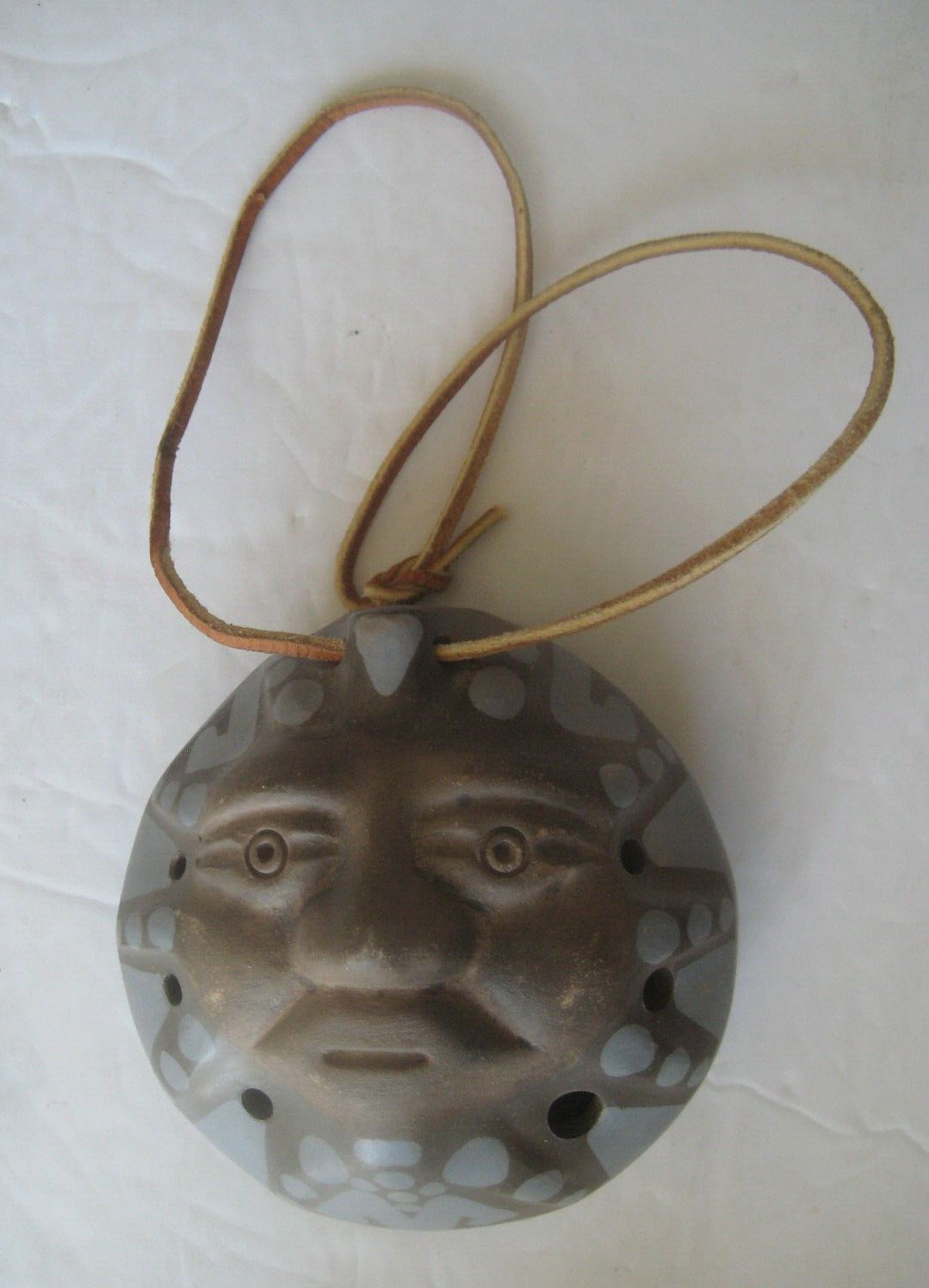 Folk Art Clay Whistle Flute Signed Guerrero Chile Sun Face Hand Painted Necklace