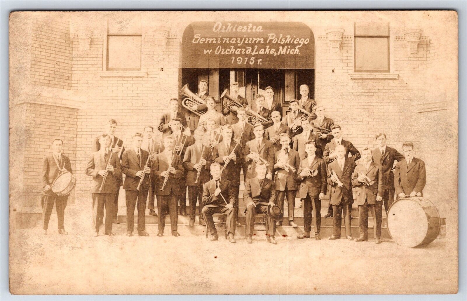 Postcard Orchard Lake MI Polish Seminary Orchestra Band Group RPPC 1915 AP6