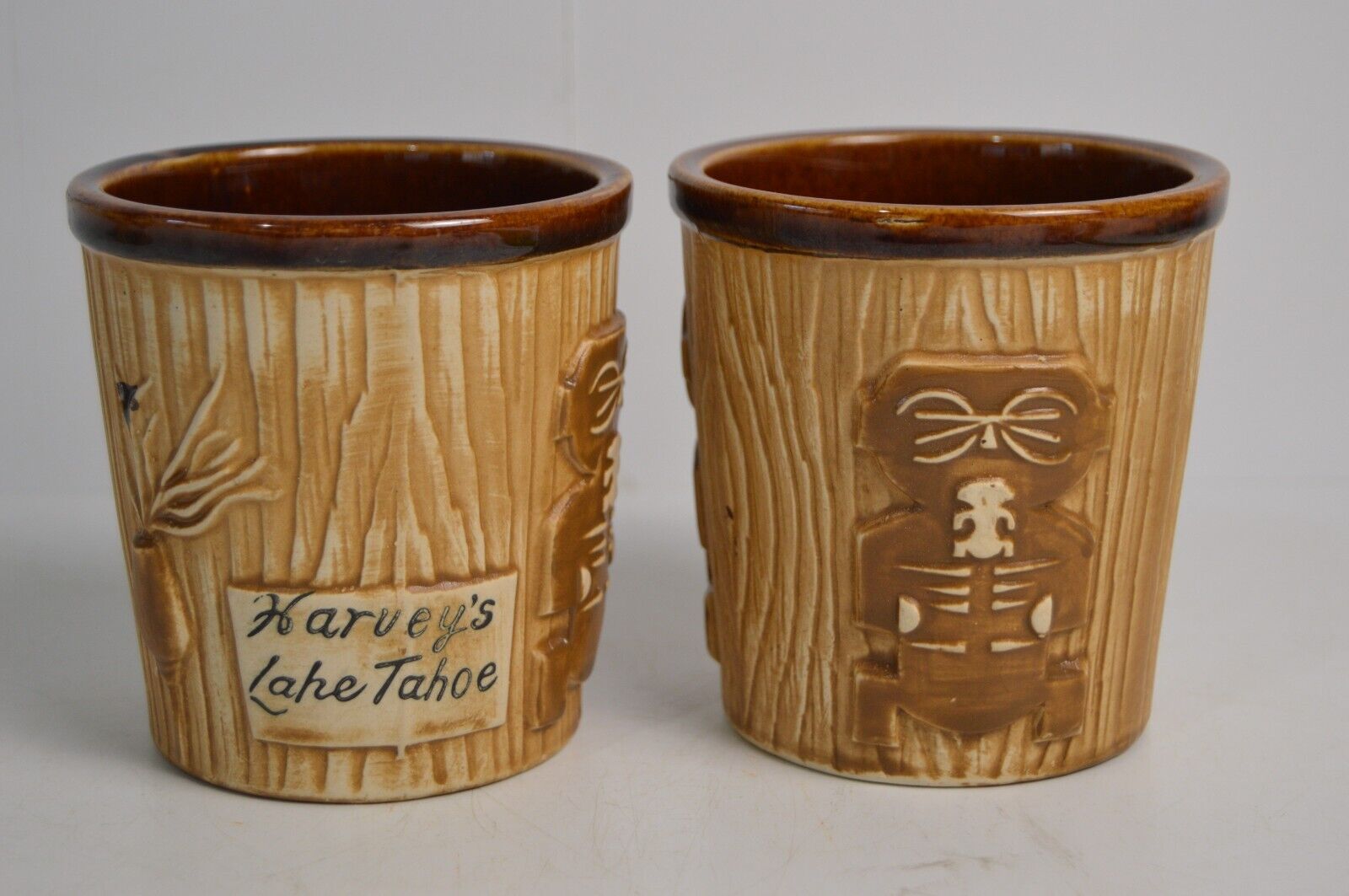 2 Vintage Harvey's Lake Tahoe CA Tiki Mugs Hand Warmers Collectible Bar Glass