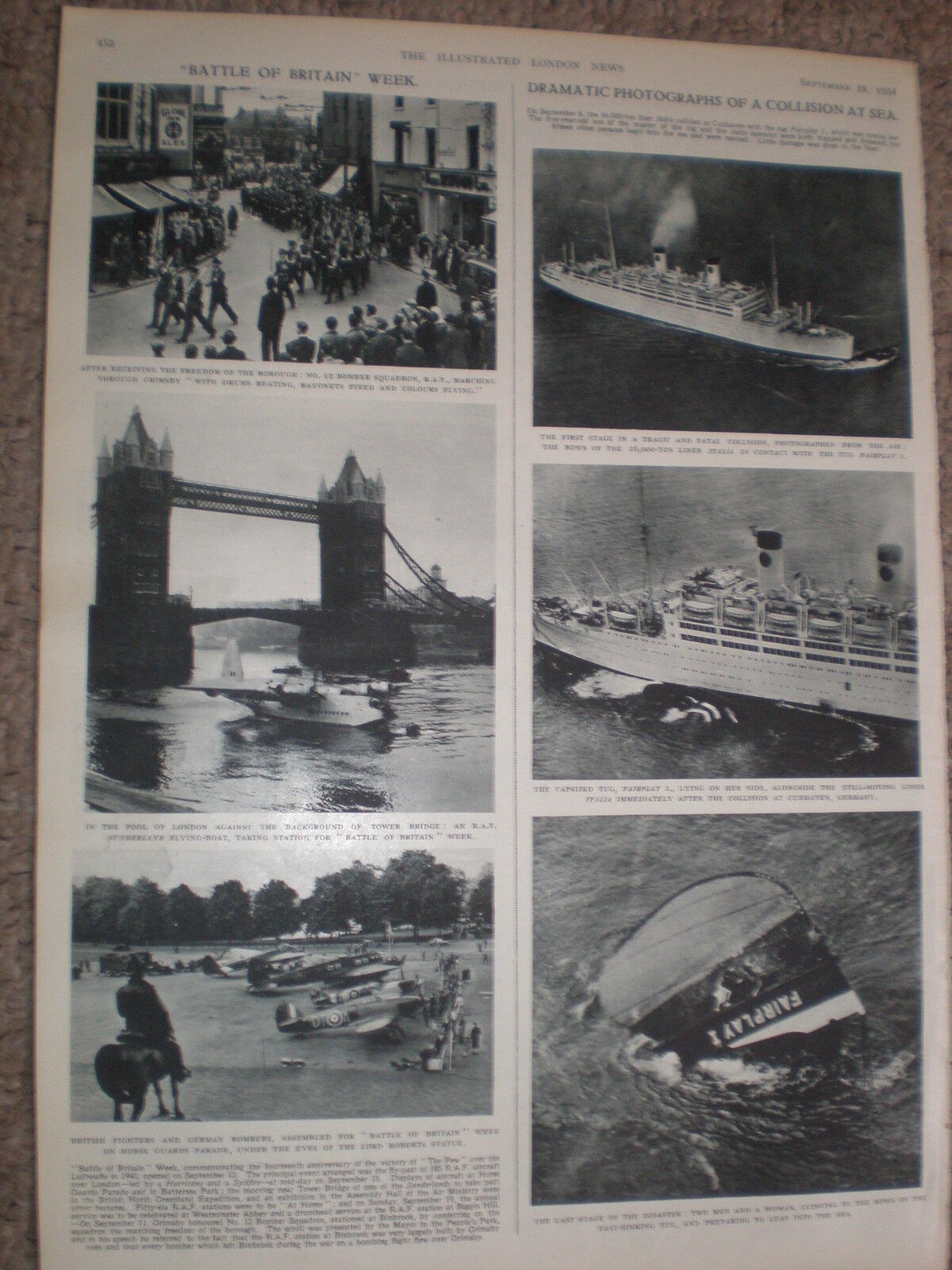 Photo article SS Italia ocean liner sinks its tug Fairplay 1 at Cuxhaven 1954