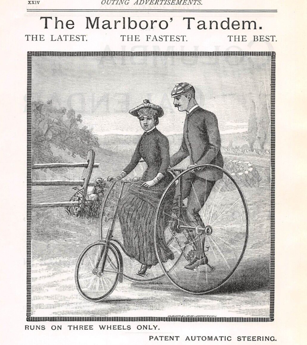 antique 1886 ad THE MARLBORO TANDEM tricycle (man woman bicycle countryside)