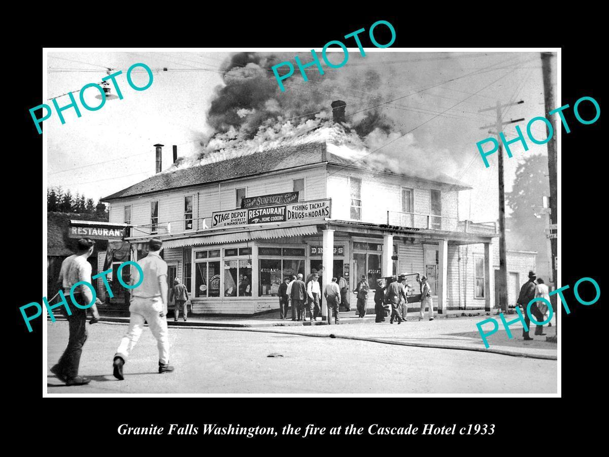 OLD LARGE HISTORIC PHOTO OF GRANITE FALLS WASHINGTON CASCADE HOTEL FIRE c1933