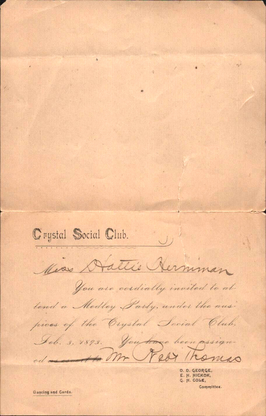 1893 DANCE CARD antique dancing partner slip CRYSTAL SOCIAL CLUB teenage society