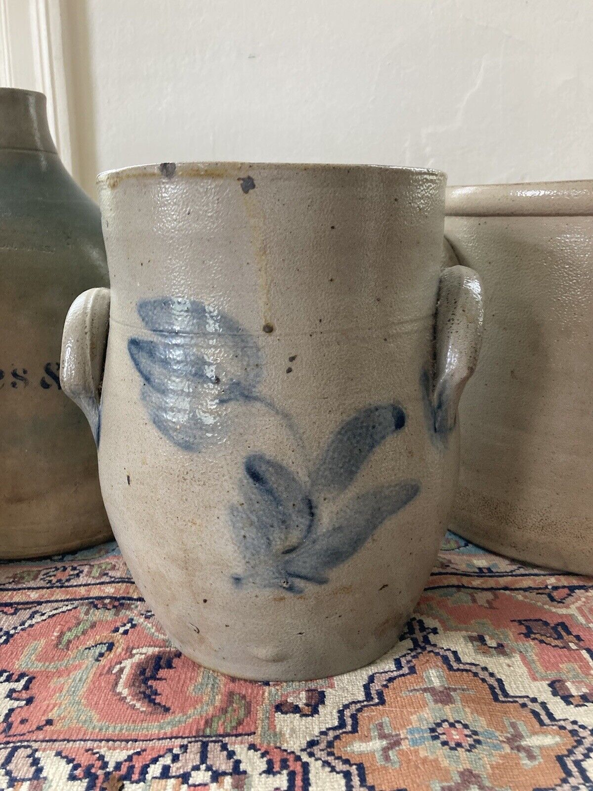 Amazing Antique Early 19th C Salt Glazed Stoneware Jar Crock Cobalt Blue Tulip