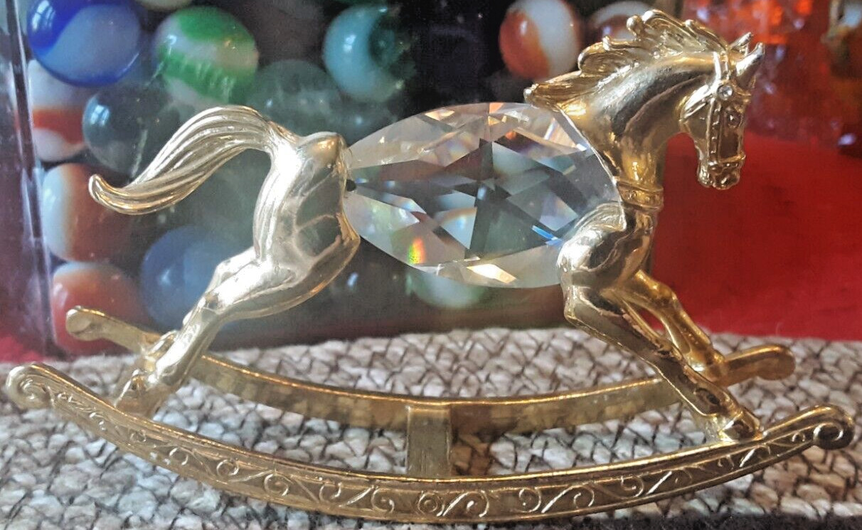 VINTAGE 1984 MANON SWAROVSKI Crystal & Gold Tone Metal Rocking-Horse Figurine