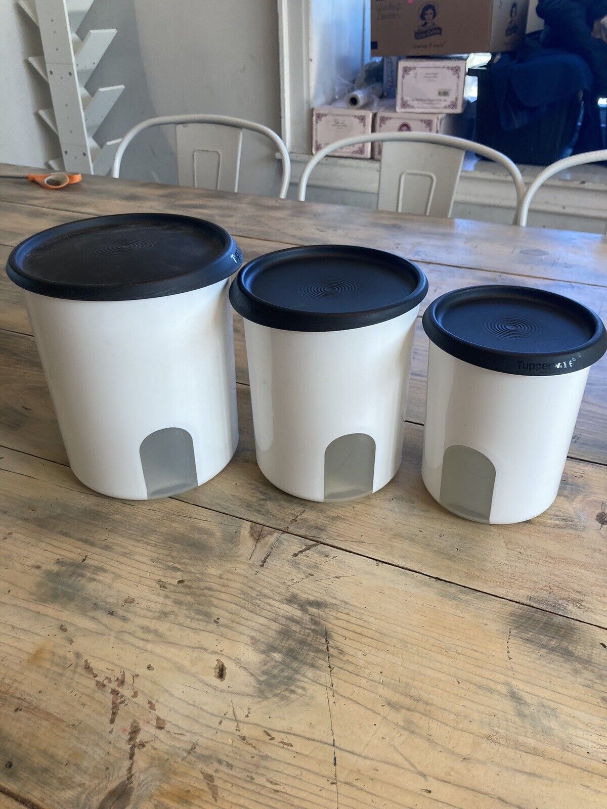 Tupperware One Touch Canister Set 3 pc Black White Kitchen Storage Countertop