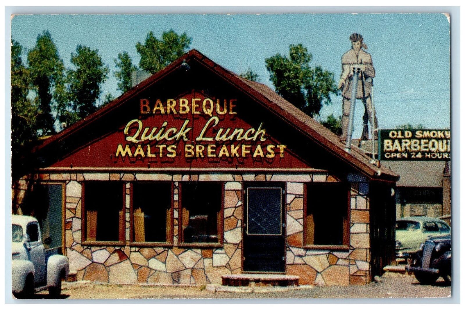 William Arizona AZ Postcard Old Smokey Barbeque Restaurant Exterior c1940's Cars