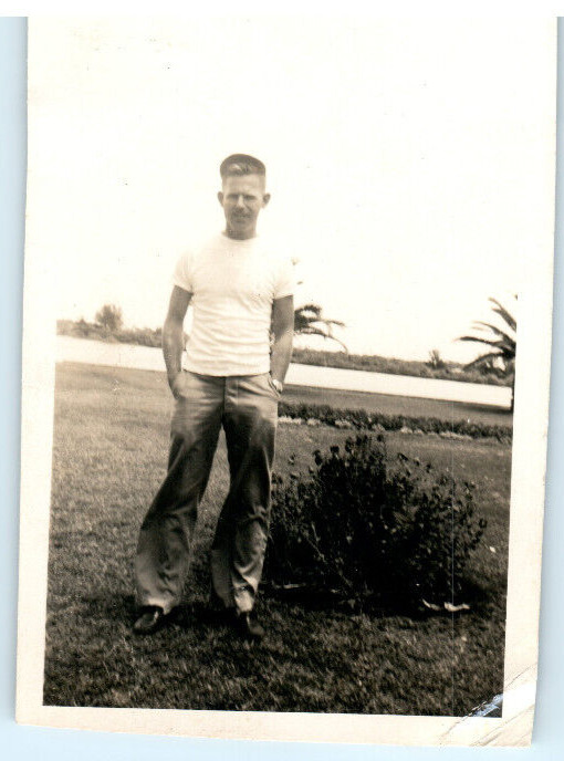 Vintage Photo 1940's, Young Man, White T, Jeans & Cap, 4.25x3.25