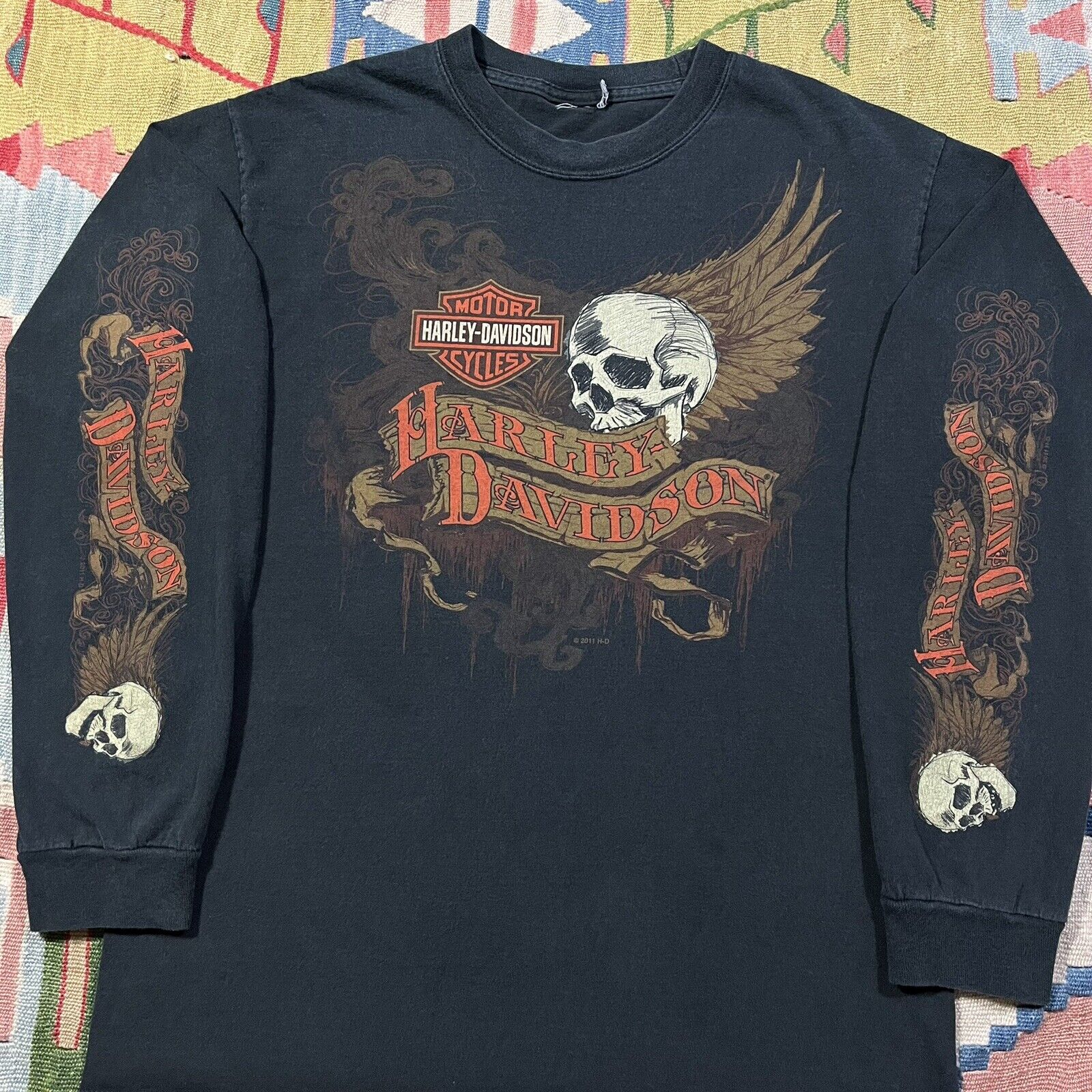 Harley Davidson Skull Eagle Flames Black Long Sleeve T-Shirt Adult Small? LaVale