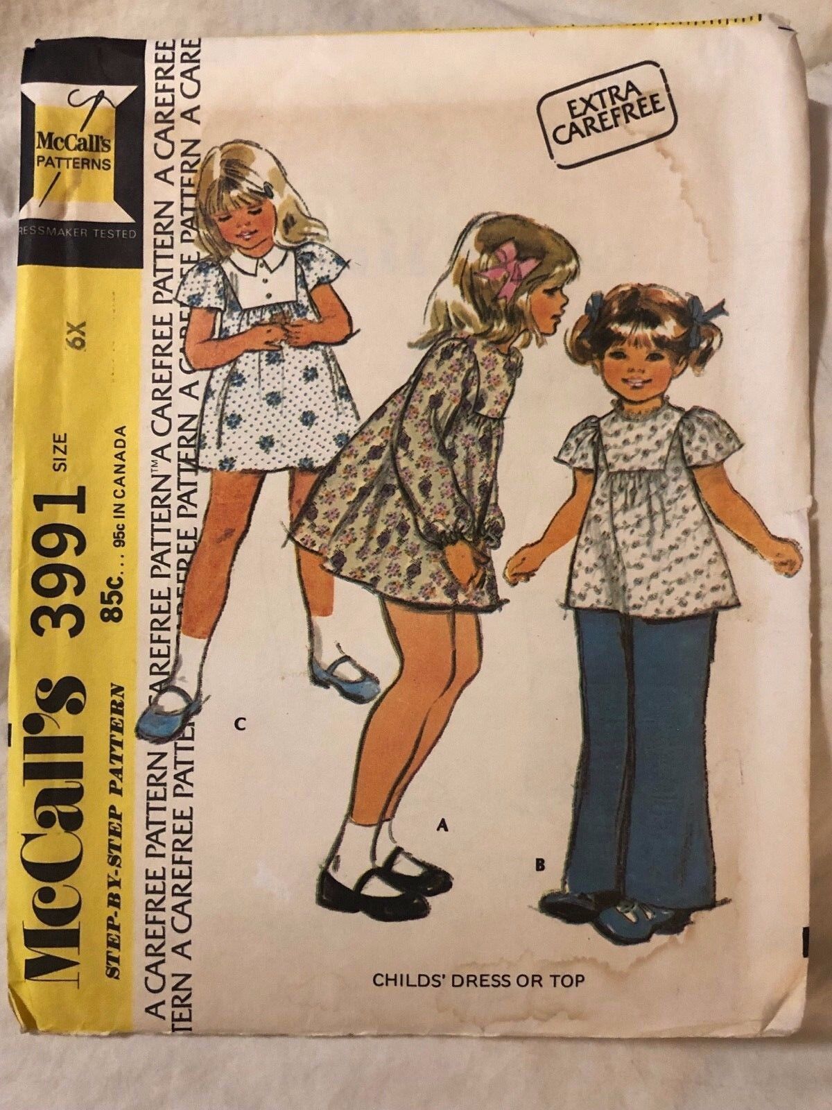 Vintage McCall's Pattern 3991 Dress or Top Child Girl Size 6X