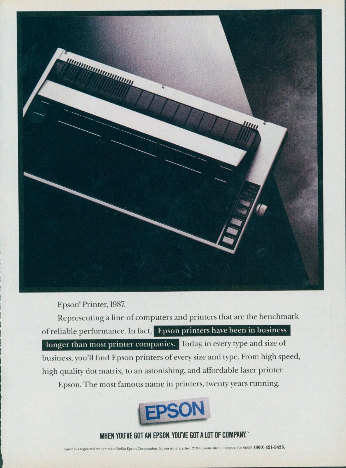 1987 Epson Printers Most Famous Name For 20 Years Dot Matrix Laser Ad PC2