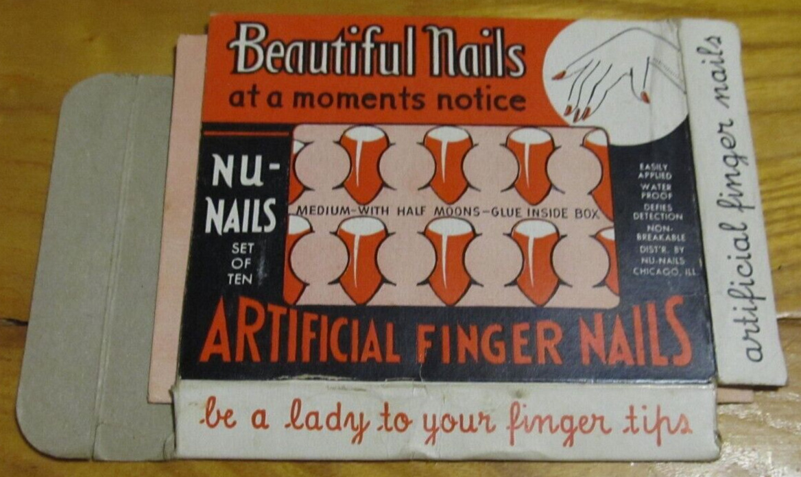 1936 NU-NAILS Artificial Finger Nails Box with some nails, vintage antique rare