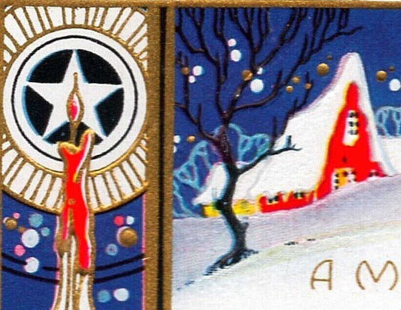 Stylish ART DECO Vintage CHRISTMAS Postcard~Snowscape w/ RED COTTAGE~Candle~Gold