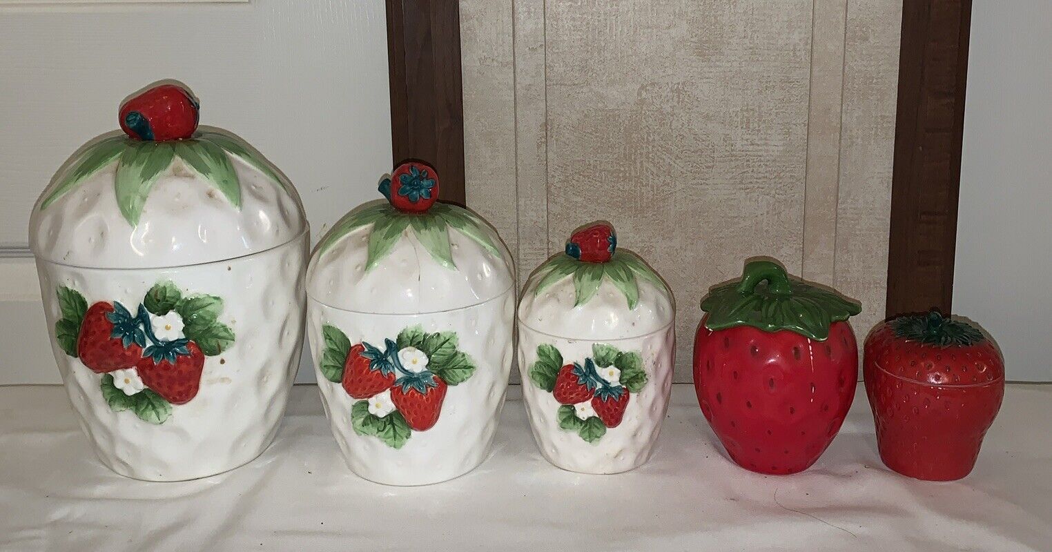 Vintage Set Of 3 Strawberries Canister Set Including Lids Made By Lefton. ++