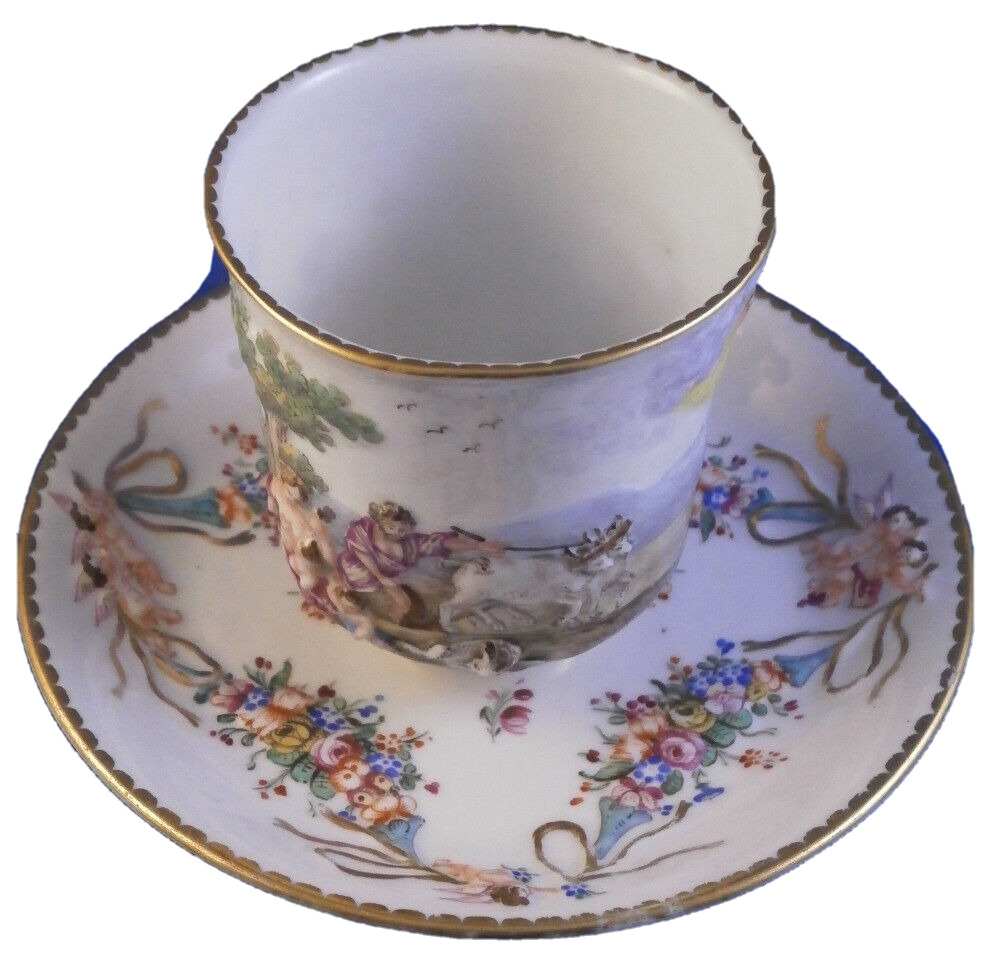 Antique 18thC Naples Porcelain Relief Scene Cup & Saucer Porzellan Tasse As Is