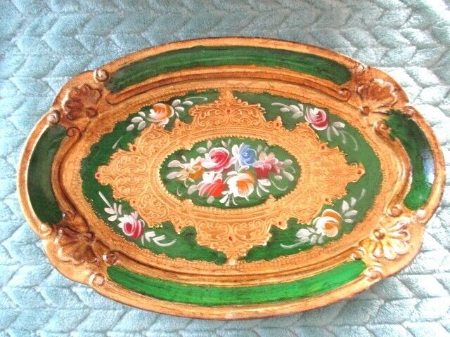 Hand Painted Rare Green Vintage Floral Italian Florentine Tole Wood Dresser Tray