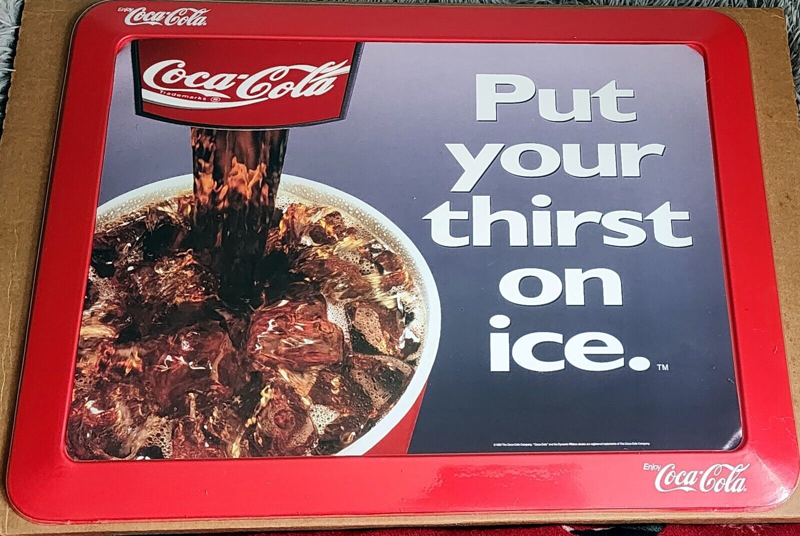 1992 Coca Cola Put Your Thirst On Ice Advertising Counter Mat 15x20 Nice Display