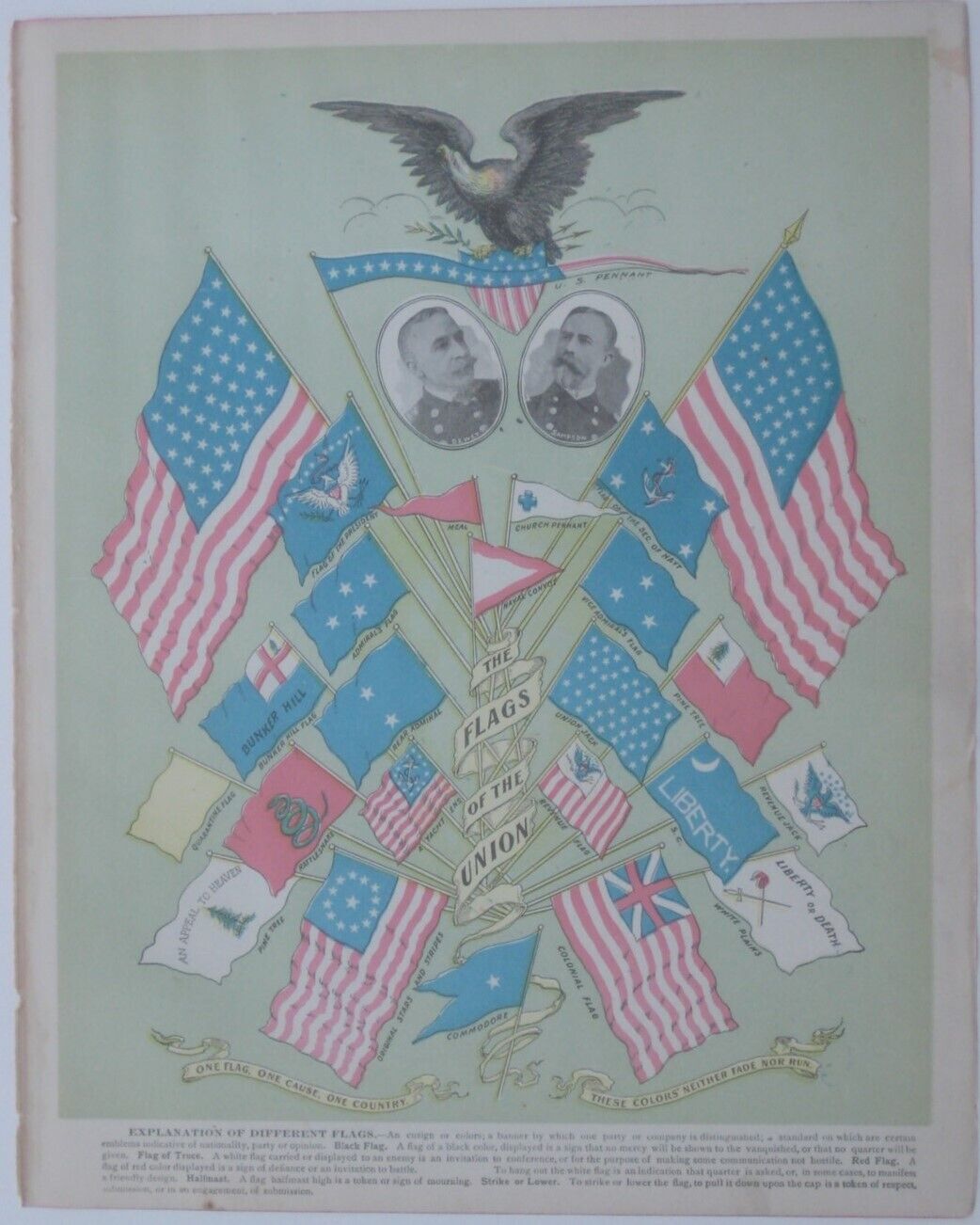 Original 1899 FLAGS OF THE UNION Antique Color Lithograph United States Admirals