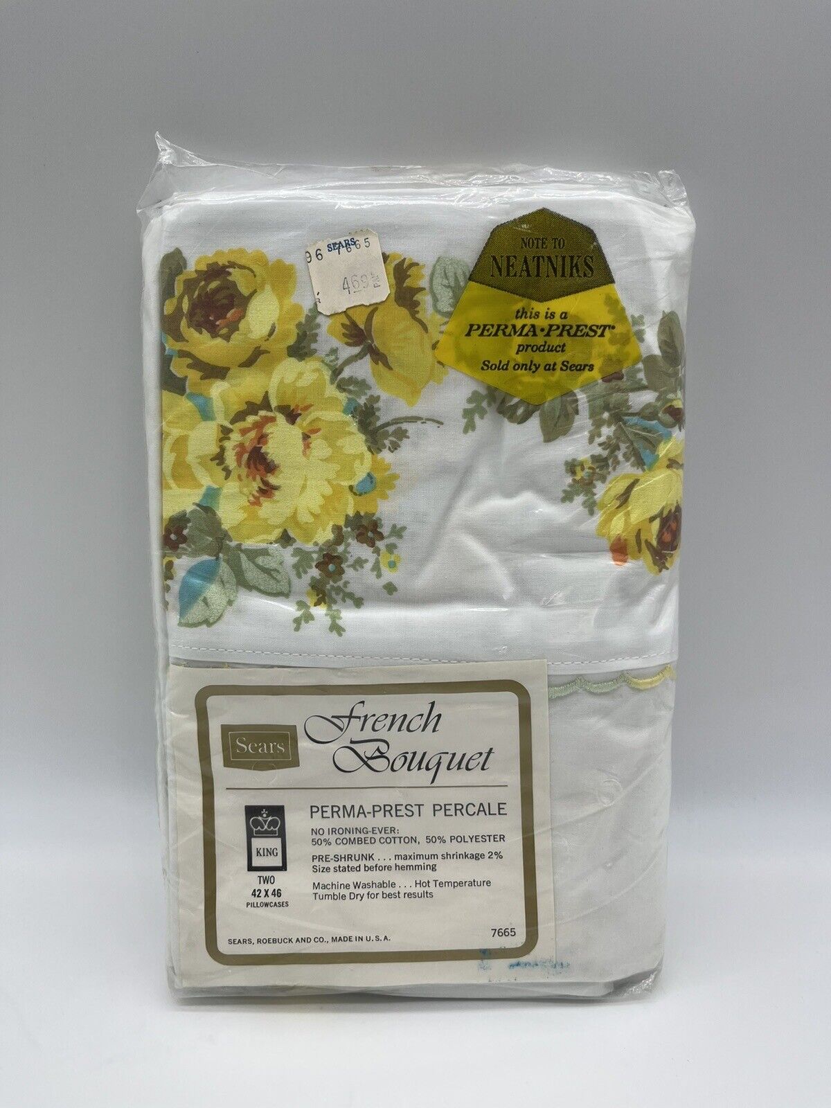 Vintage Sears Perma Prest Percale Two King Pillowcases Yellow French Bouquet