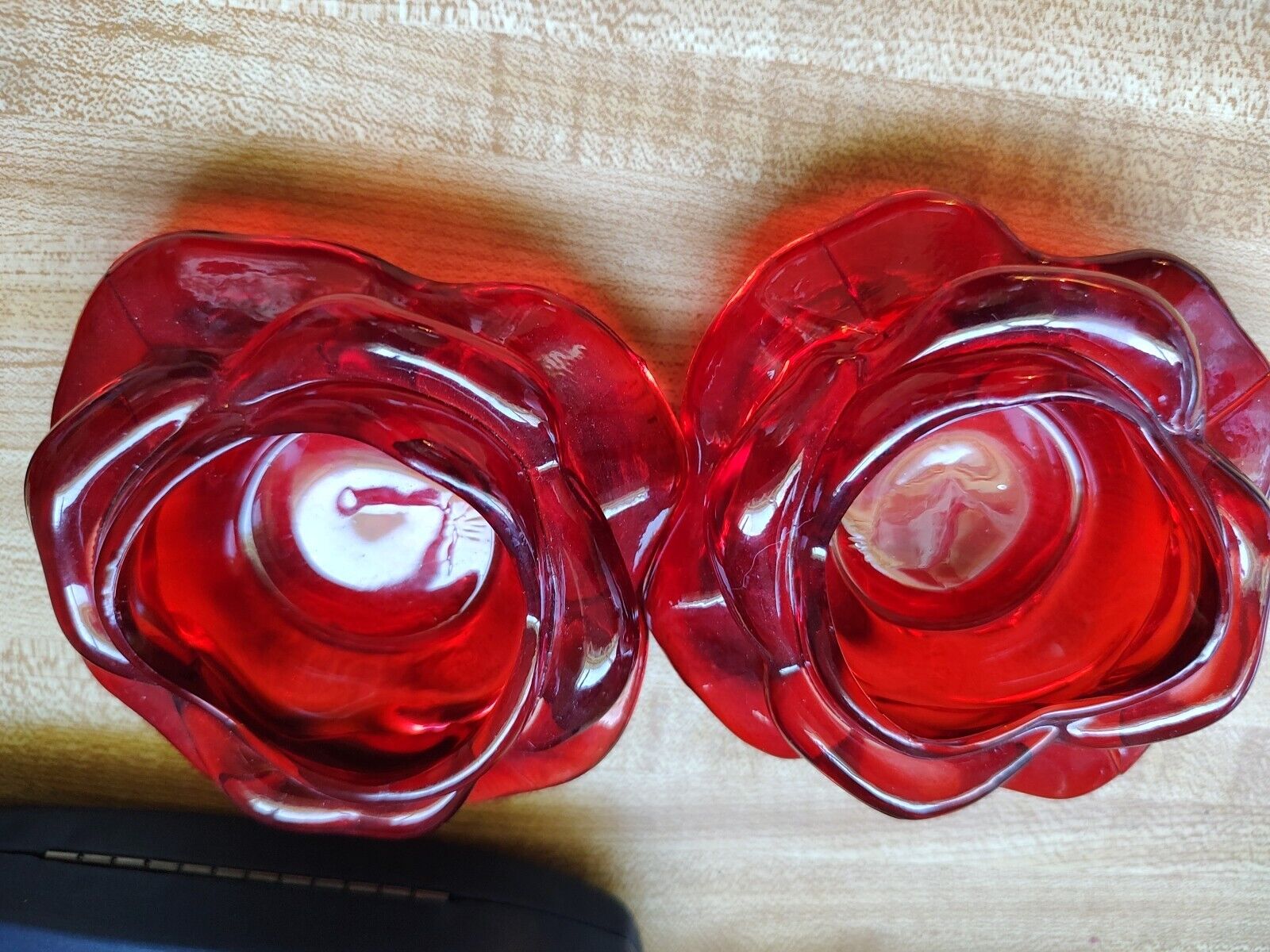 Rare Vintage Red Art Glass Rose Shaped Votive Tea Light Holder Pair